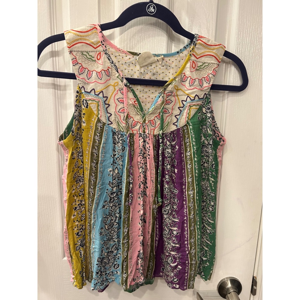 One September Anthropologie Top Multicolor Patchwork Embroidered Boho Blouse XS